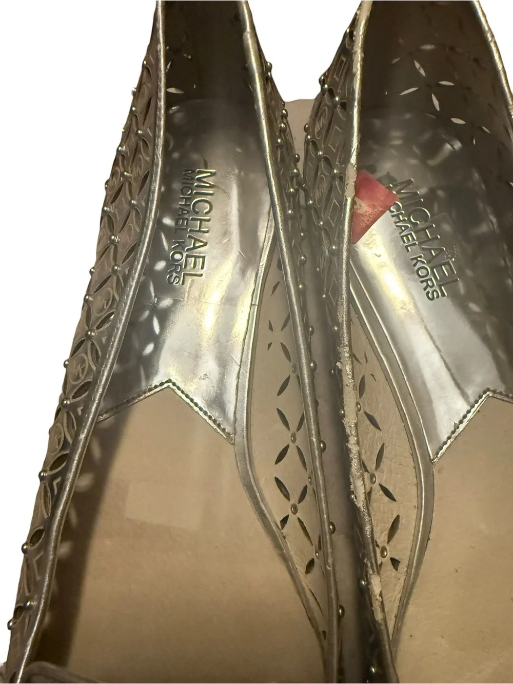 Michael Kors Silver Metallic Laser Cut Studded Flats Loafers Size 9M